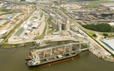 Arial view of a Cargill owned grain terminal at a Houston, Texas port.