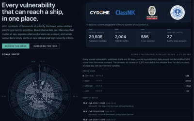 Screenshot of the Blue Initiative website, a public database of cybersecurity vulnerabilities relevant to maritime equipment and systems.