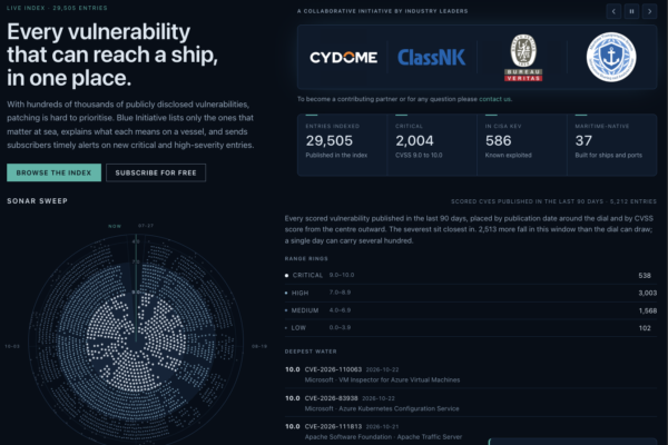 Screenshot of the Blue Initiative website, a public database of cybersecurity vulnerabilities relevant to maritime equipment and systems.