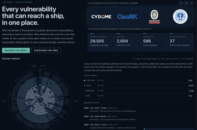 Screenshot of the Blue Initiative website, a public database of cybersecurity vulnerabilities relevant to maritime equipment and systems.